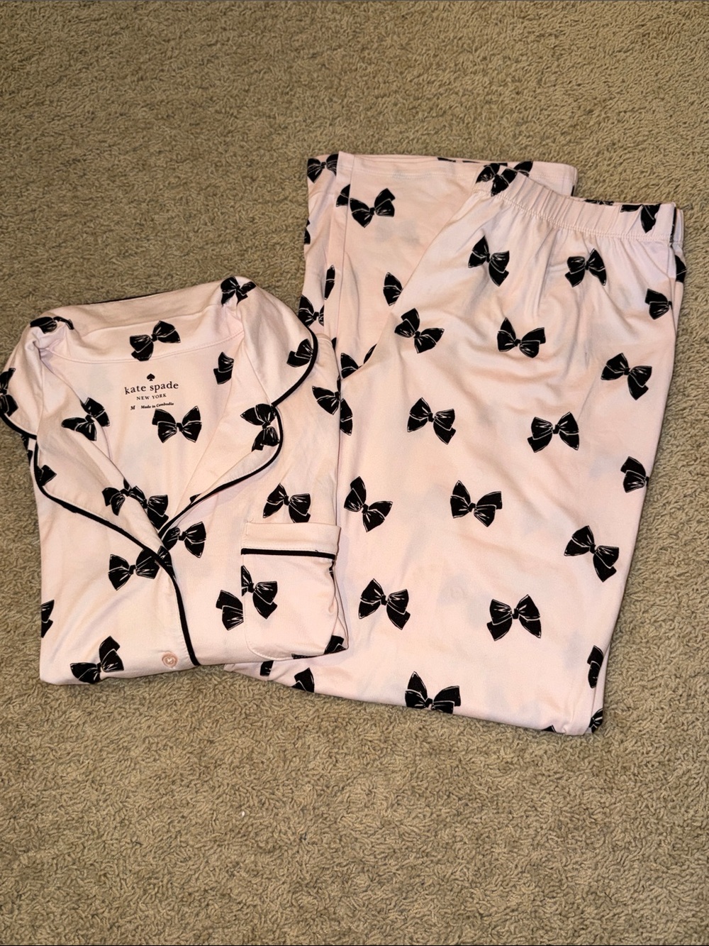 kate spade Pink Bow-Print Pajama Set with Contrast Piping